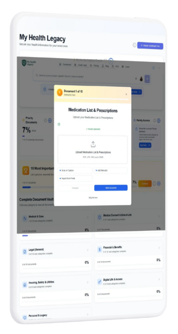 My Health Legacy Dashboard showing document upload interface